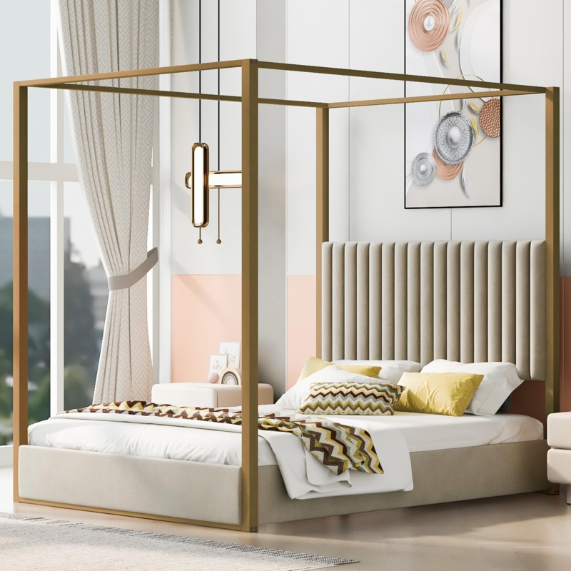 Gold Canopy Bed Frame with Channeled Upholstered Headboard in Beige Fabric