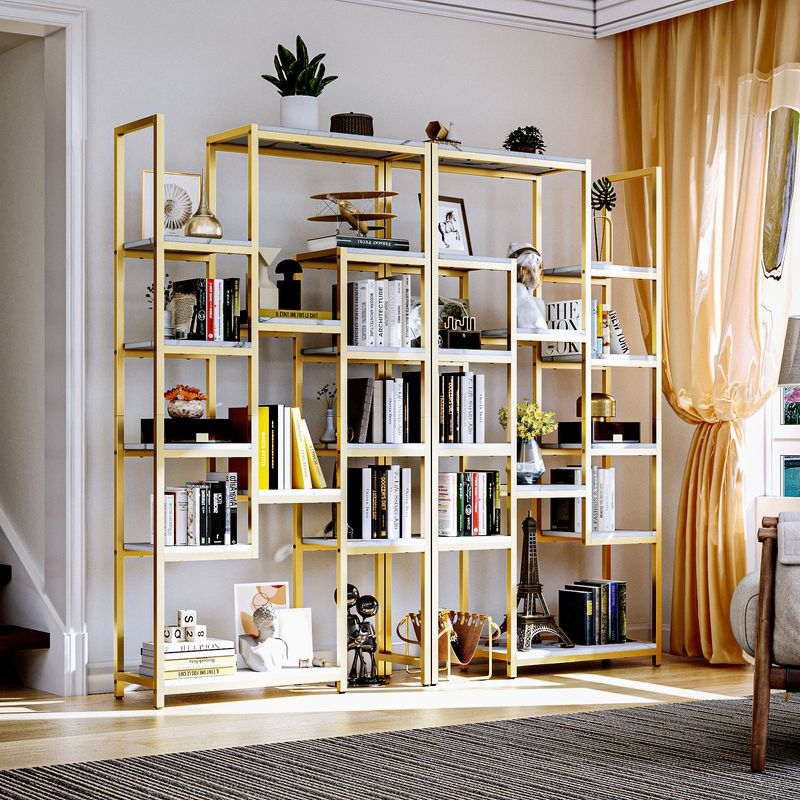 Gold Etagere Bookcase, Staggered Marble-Look Shelves, Modern Glam