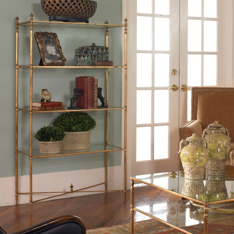 Gold Leaf Etagere Bookcase featuring X-Cross Brace and Tapered Feet