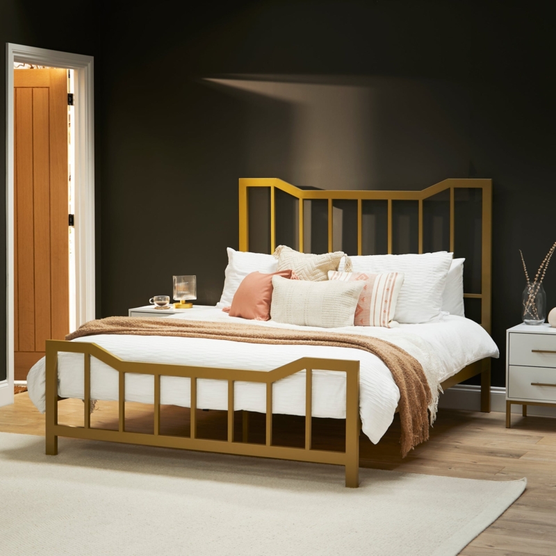 Gold Metal Bed Frame with Geometric Spindle Headboard