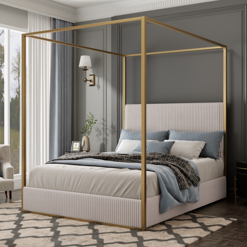 Gold Metal Canopy Bed Frame with Cream Ribbed Upholstered Headboard