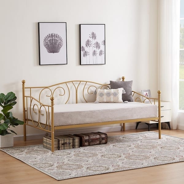 Gold Metal Daybed with Vintage Style Scrolled Backrest and Finials