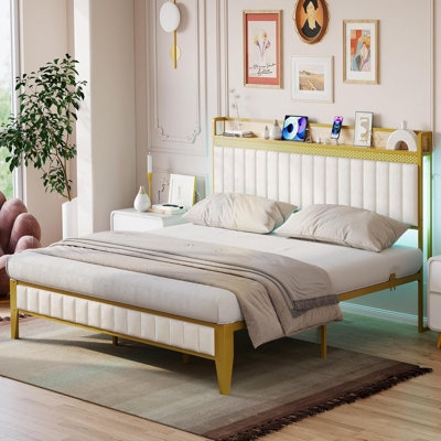 Gold Upholstered Bed Frame With LED Headboard And Charging Station