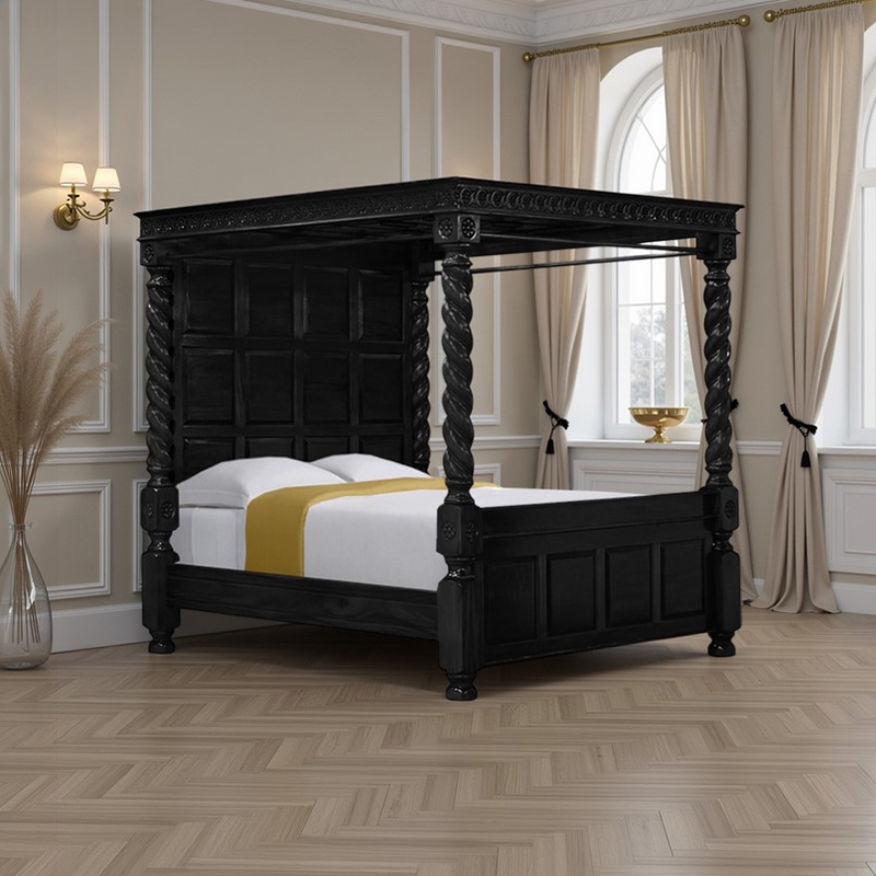Gothic Revival Four Poster Bed with Spiral Carved Posts