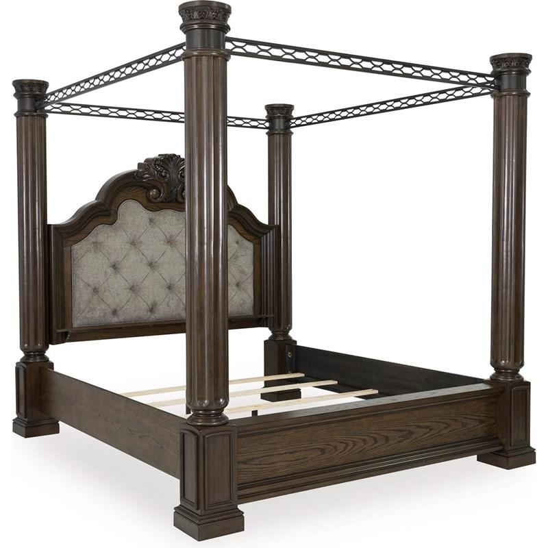 Grand Fluted Post Bed with Metal Lattice Canopy and Grey Tufting