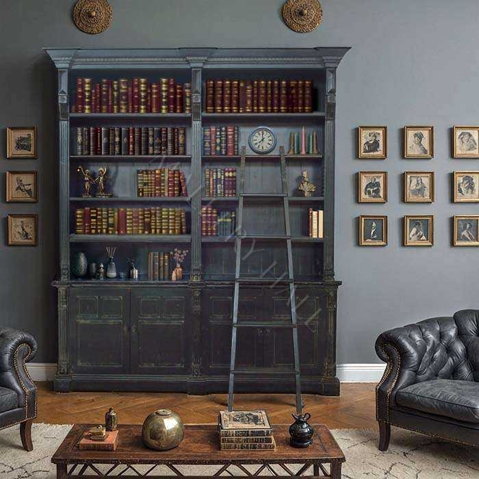 Grand Traditional Bookshelf with Integrated Ladder, Distressed Charcoal