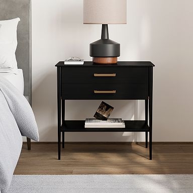 Grand Width Nightstand, Metal Frame, Open Bottom Shelf, Two Drawers