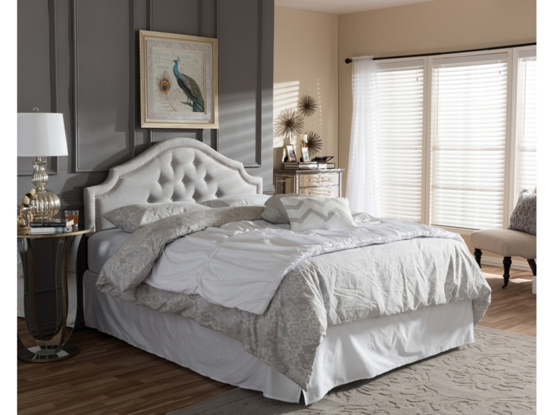 Gray Arched Headboard with Diamond Tufting and Metallic Trim