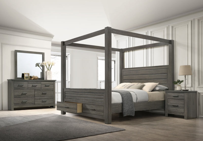 Gray Canopy Bed Set with Storage Footboard and Transitional Style