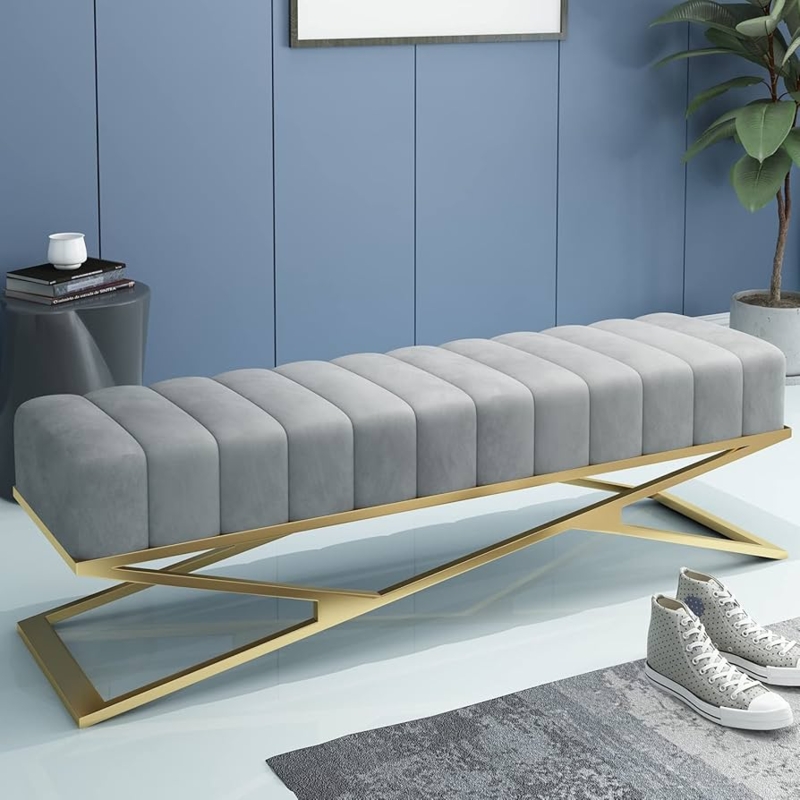 Gray Channeled Bench with Gold X-Shaped Metal Base