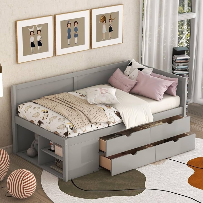 Gray Corner Captain's Daybed with Shelves and Four Drawers