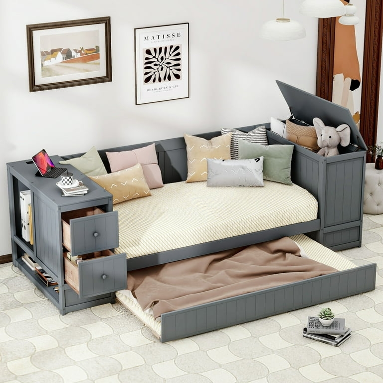 Gray Daybed With Trundle, Lift Top Storage, Integrated Side Drawers
