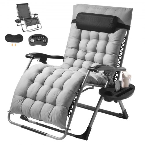 Gray Folding Zero Gravity Chair with Plush Tufted Cushion and Tray