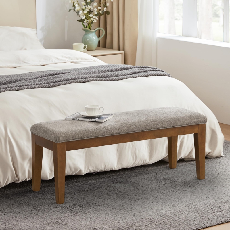 Gray Heathered Pattern Bedroom Bench with Wood Legs