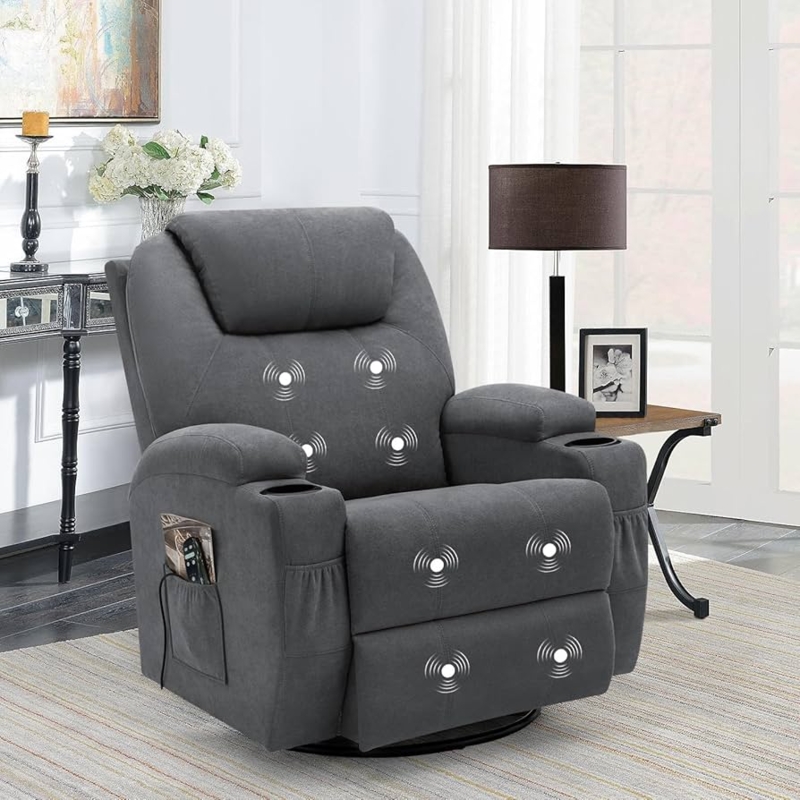 Gray Massage Recliner Chair with Dual Cup Holders, Side Pockets, and Swivel Base
