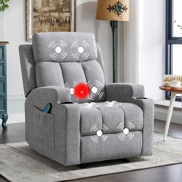 Gray Massage Recliner With Heathered Fabric And Cup Holders