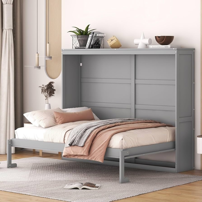 Gray Murphy Bed Full Size with Shaker Panels & Top Shelf