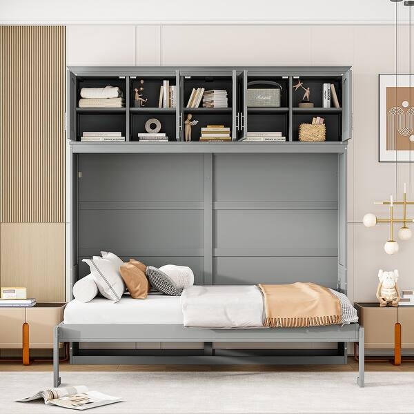 Gray Murphy Bed with Integrated Top Cabinets & Shelving