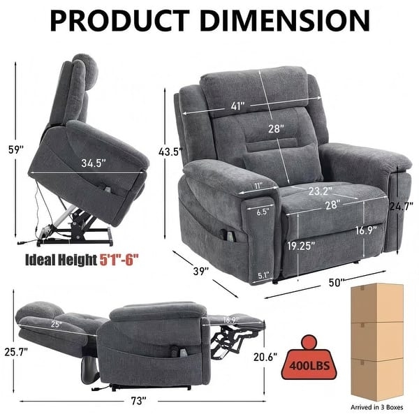 Gray Power Lift Recliner Oversized 400lb Capacity Divided Backrest
