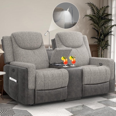 Gray Reclining Loveseat with Center Console and Integrated Reading Light