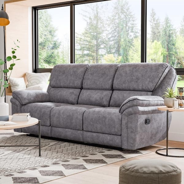 Gray Reclining Sofa with Flared Arms and Tiered Back Microsuede Finish