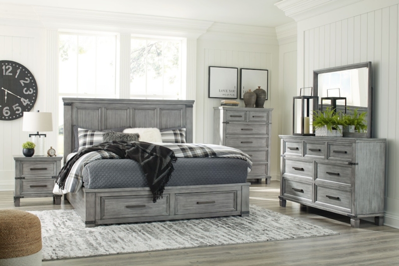 Gray Storage Bedroom Set with Distressed Finish and Panel Headboard