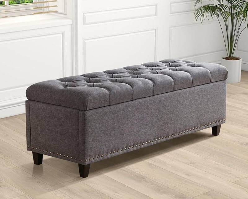 Gray Storage Bench with Deep Button Tufting and Flip Top for Bedroom