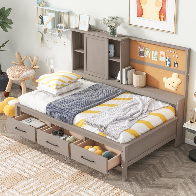 Gray Storage Daybed with Corkboard Headboard and Three Drawers