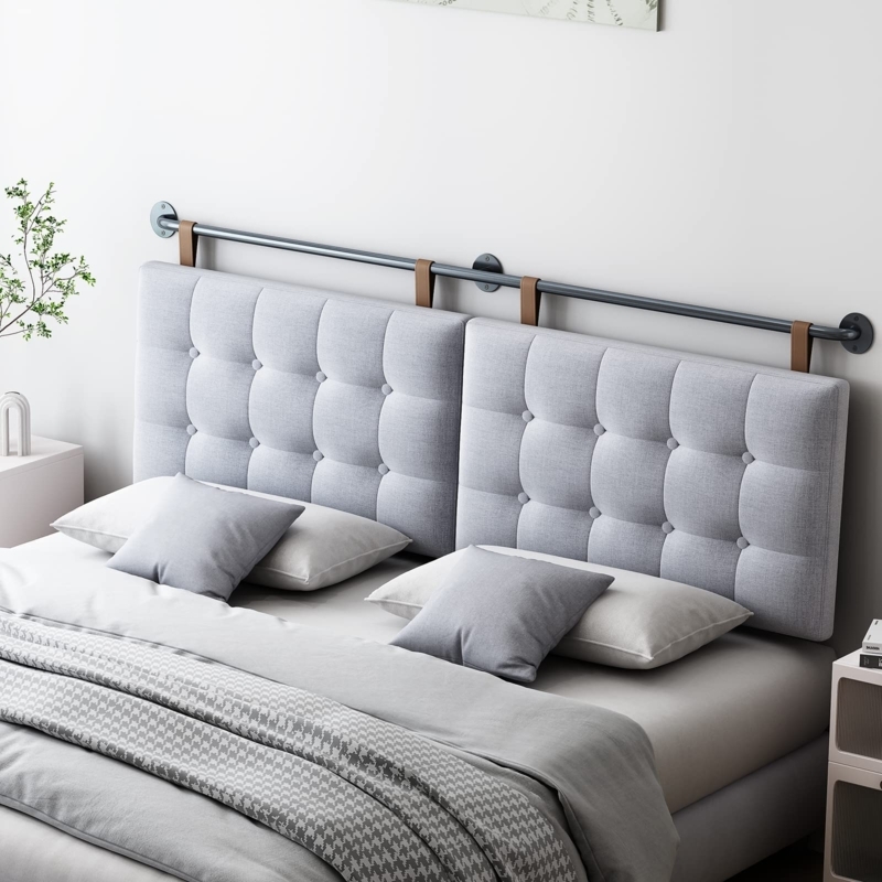 Gray Tufted Hanging Headboard with Rail & Leather Straps