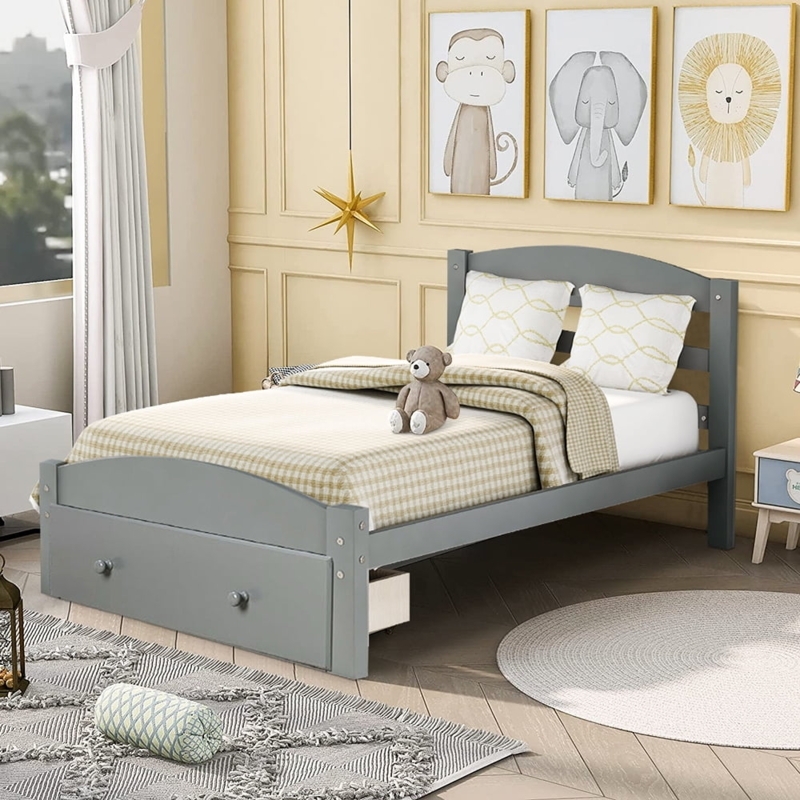 Gray Twin Bed with Storage Drawer and Curved Headboard for Modern Room.