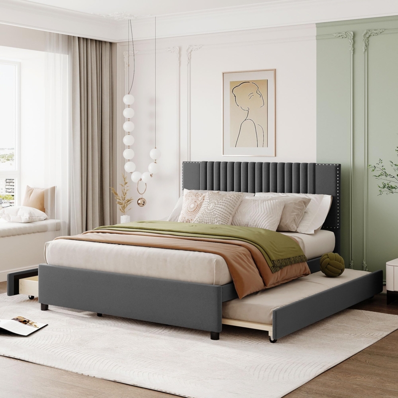 Gray Upholstered Bed Channel Tufted Headboard with Trundle Drawer