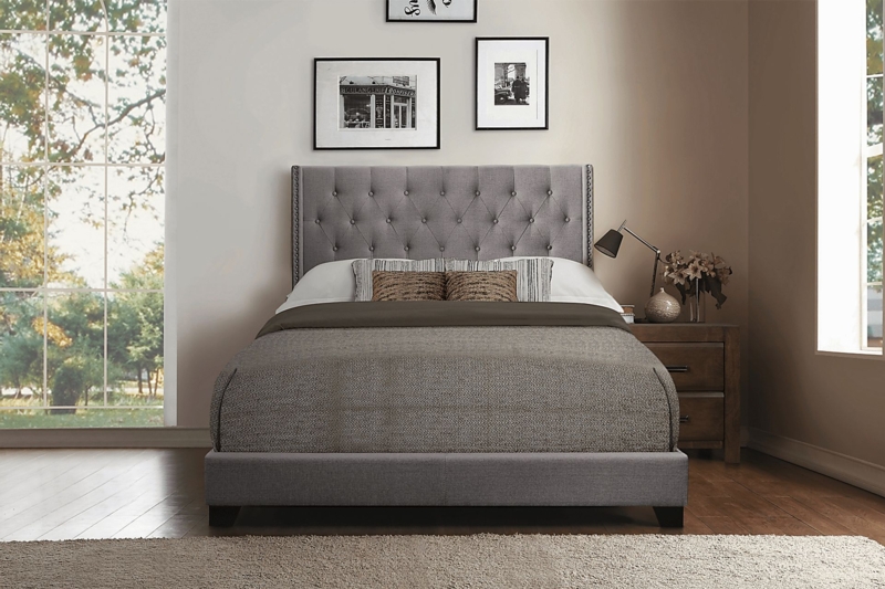 Gray Upholstered Bed, Tall Tufted Headboard, Double Nailhead Trim