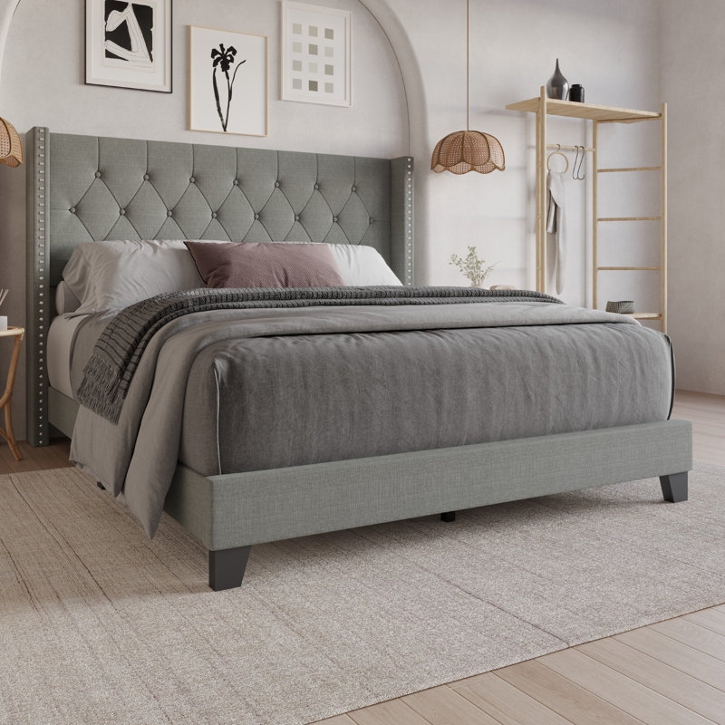 Gray Upholstered Bed with Wingback Silhouette & Silver Nailhead Trim