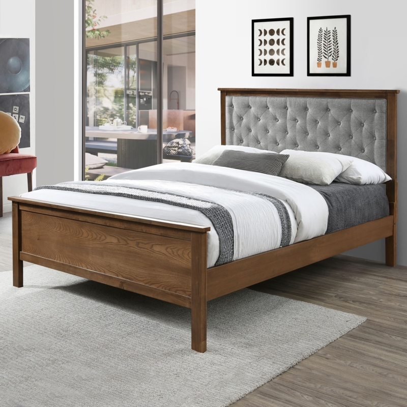 Gray Upholstered Bed with Wood Frame and Modern Farmhouse Headboard