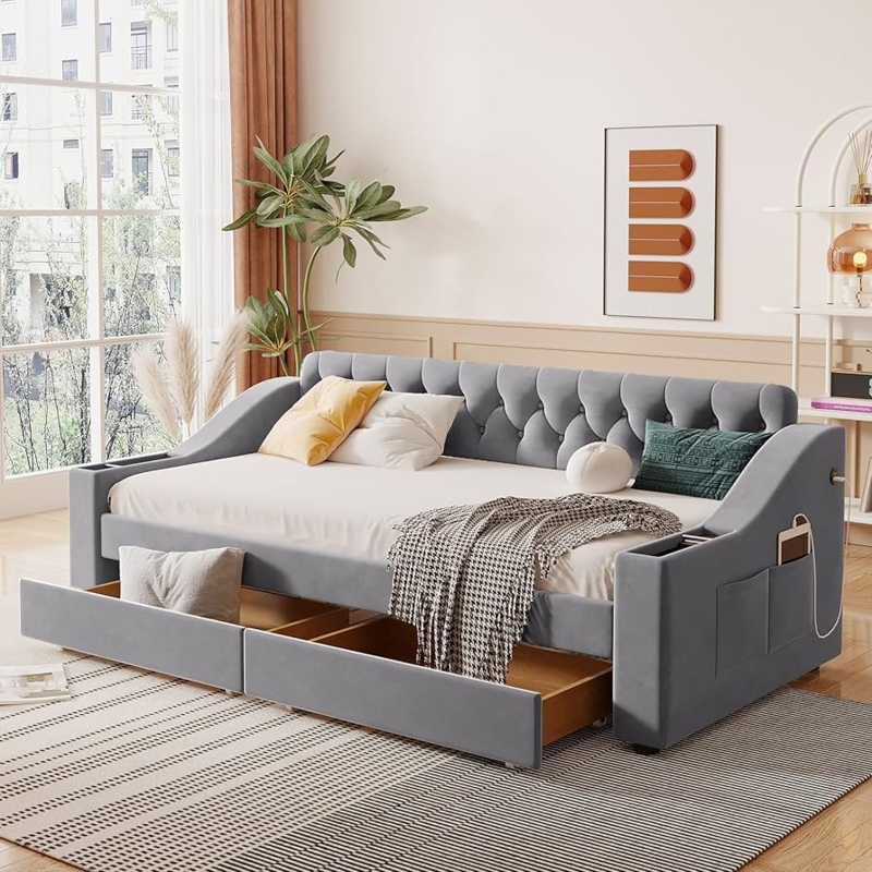 Gray Upholstered Daybed Storage, Tufted with USB Charging Port