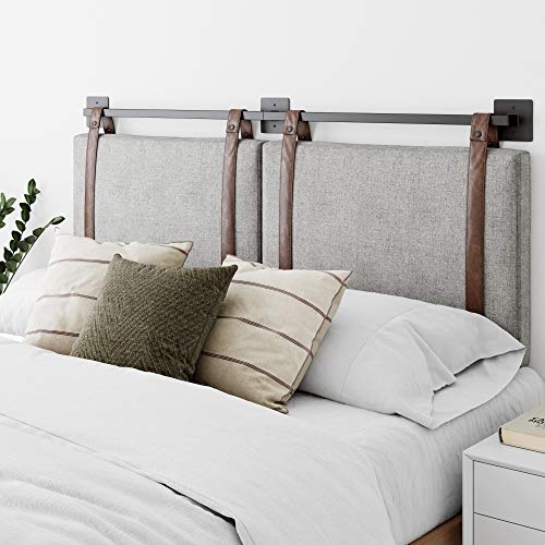 Gray Upholstered Headboard with Hanging Straps and Metal Rail