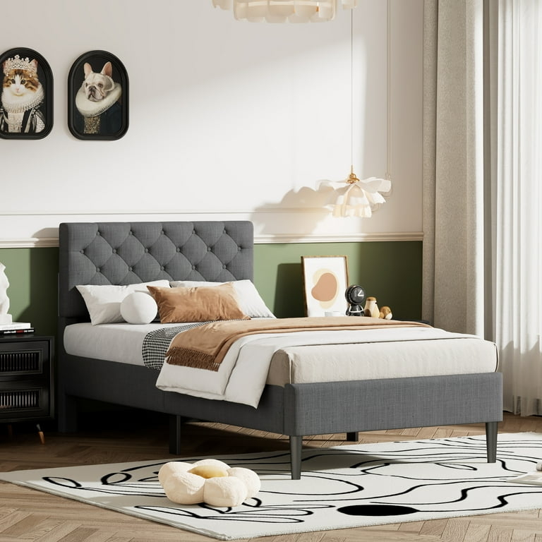 Gray Upholstered Platform Bed with Diamond Tufted Headboard