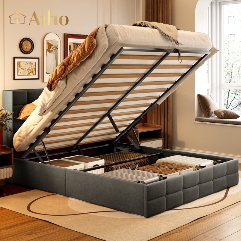 Gray Upholstered Wingback Storage Bed Square Tufted Hydraulic Lift