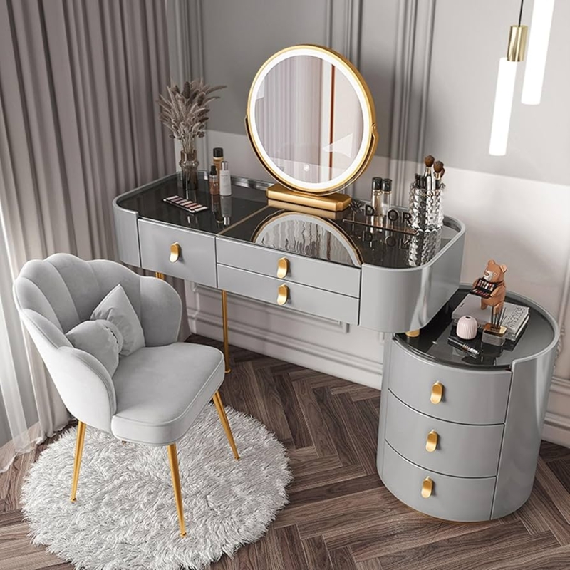 Gray Vanity Set with Scalloped Chair, Round Lighted Mirror & Gold Accents