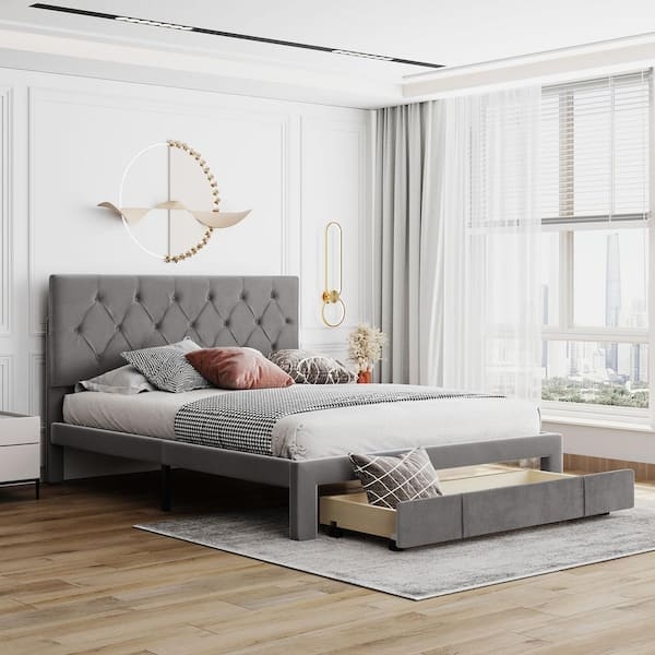 Gray Velvet Storage Bed Diamond Tufted Headboard Footboard Drawer