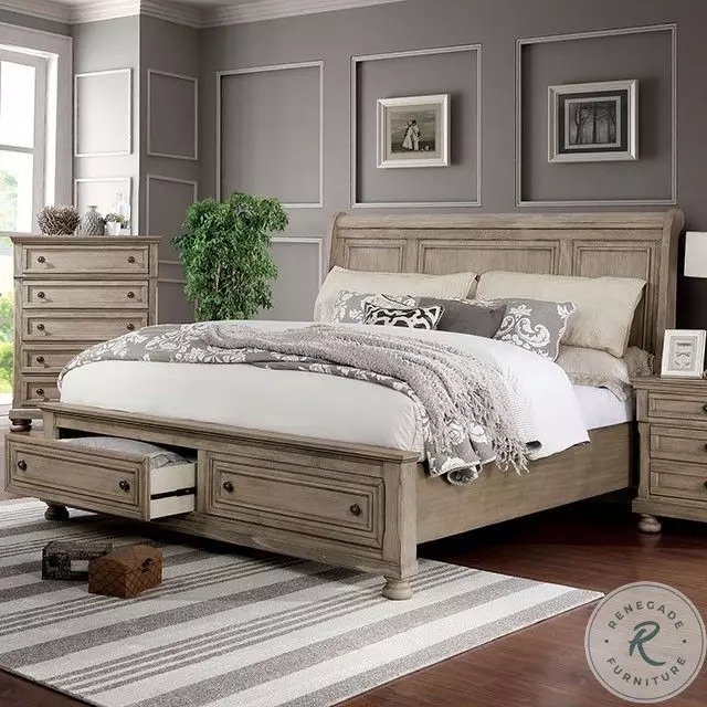 Gray Wash Storage Bed with Sleigh Silhouette and Footboard Drawers