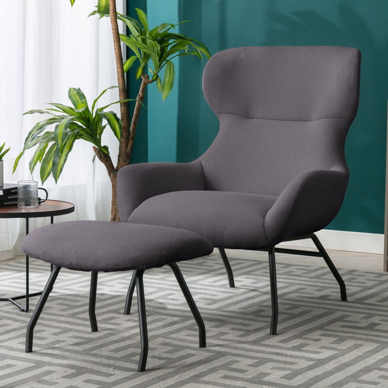Gray Wingback Chair Textured Fabric Splayed Metal Legs Ottoman