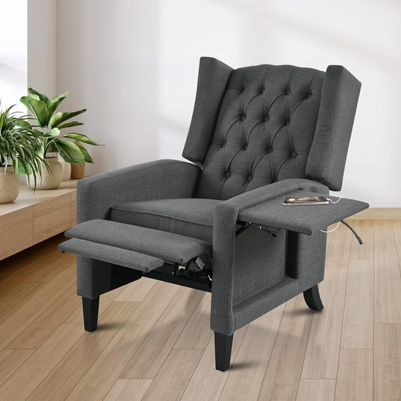 Gray Wingback Recliner with Foldable Side Table and USB Charging Port