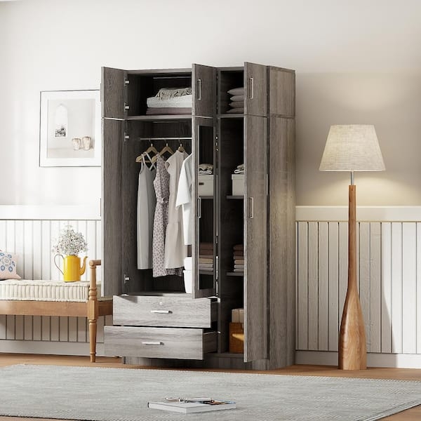 Gray Wooden Armoire in Modern Farmhouse Style with Internal Mirror