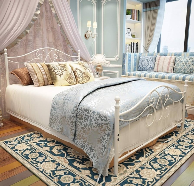 Grayish White Bed Frame Vintage Scrollwork Headboard Romantic Style
