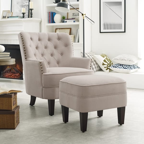 Greige Wingback Chair with Ottoman Linen Look Diamond Tufted