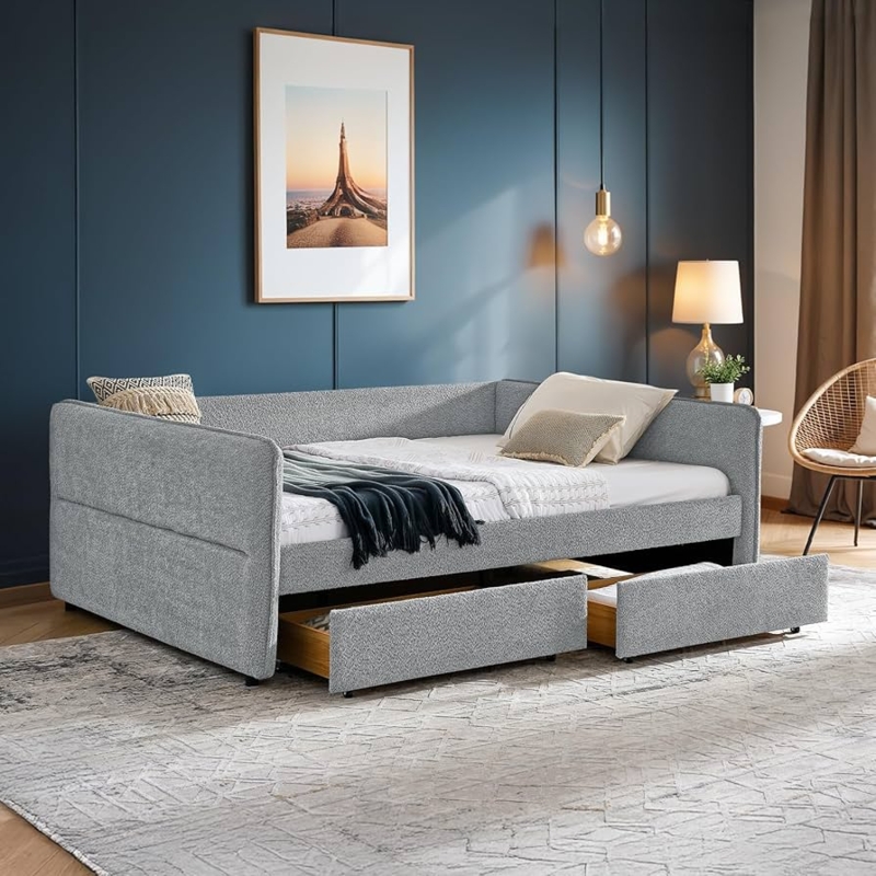 Grey Boucle Daybed, Modern Upholstered with Storage Drawers