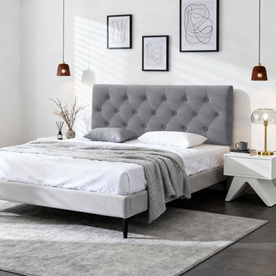 Grey Button-Tufted Upholstered Bed Frame with Tapered Legs