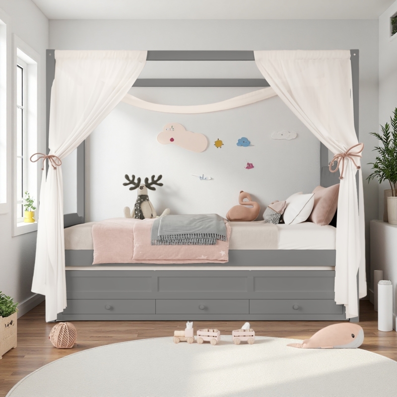 Grey Canopy Bed with Upholstered Headboard, Trundle, and Storage