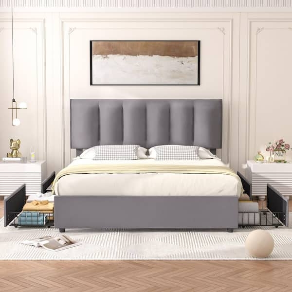 Grey Channel Tufted Platform Bed With Four Wire Storage Drawers Velvet Finish